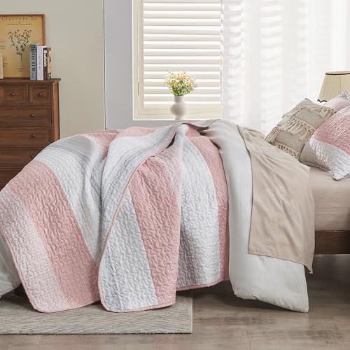 Image of Andency Pink Quilt Queen(90x96Inch), 3 Pieces (1 Striped Quilt and 2 Pillowcases) Patchwork Striped Bedspread Coverlet Set, Soft Lightweight All Season Quilted Bedding Set