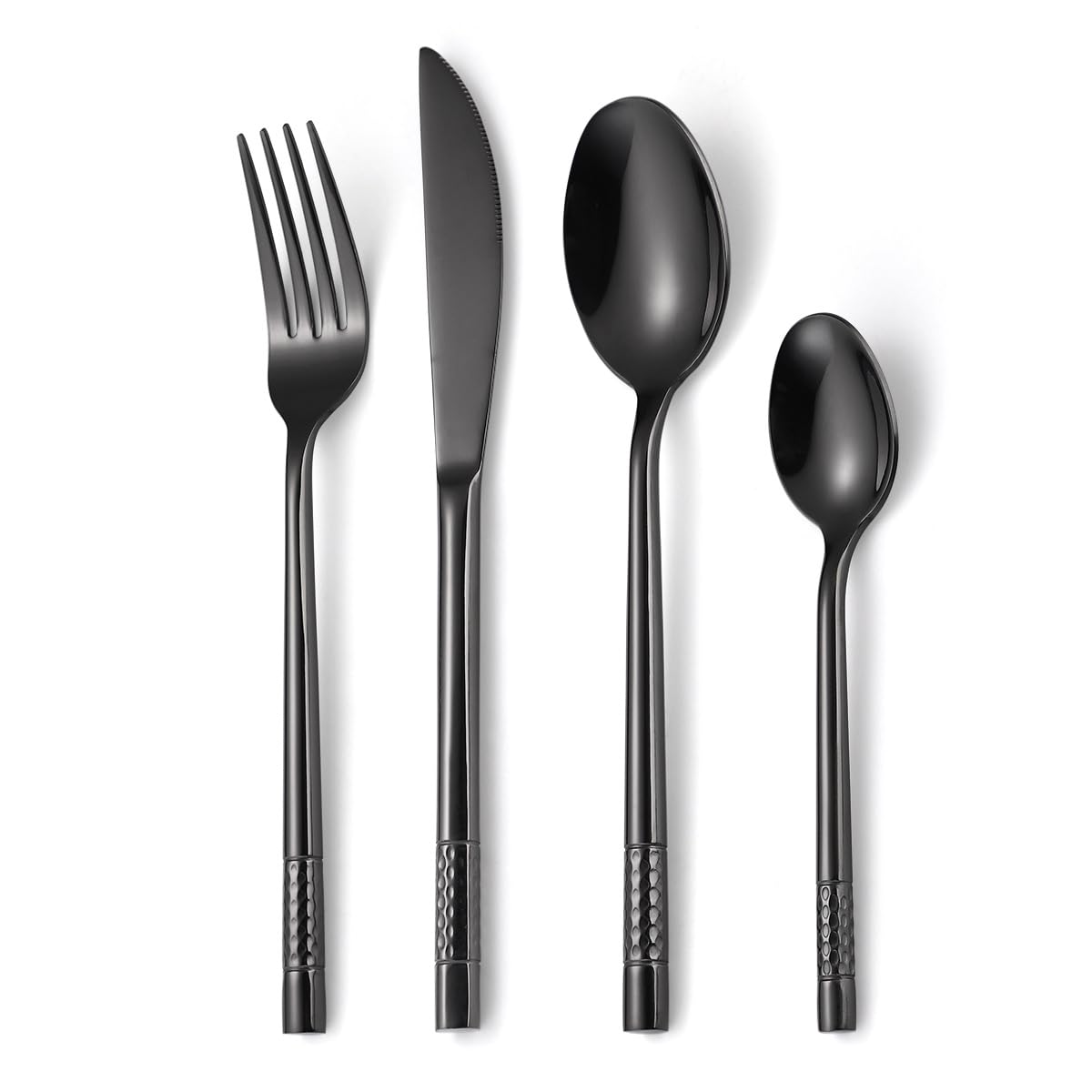 OLSKFUH Cutlery Flatware Cutlery Set, 4/16/24/32/40/48 Pieces Thick Stainless Steel Hammer Point Round Handle Cutlery Set Steak Knife, Fork And Spoon,Black-12Set-48Pcs