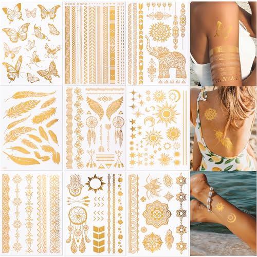 Gold Temporäre Tattoos 130+ Motive Glitzer Festival Tattoos Wasserfest Langlebig Klebetattoos Erwachsene Tattoo für Karneval Partys Strand Zum Aufkleben