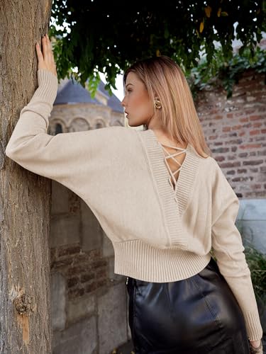 Image of ZAFUL Women V Neck Button Knit Crop Sweaters Batwing Sleeve V Back Ribbed Hem Pullover Sweater