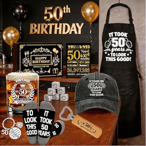 50th Birthday Gifts for Men Whiskey Glass Set, Cool Gifts for 50 Year Old Men with 11 Oz Whiskey Glass Apron Baseball Cap Sock Keychain Bottle Opener Greeting Card for Him Dad Husband Friends - 1