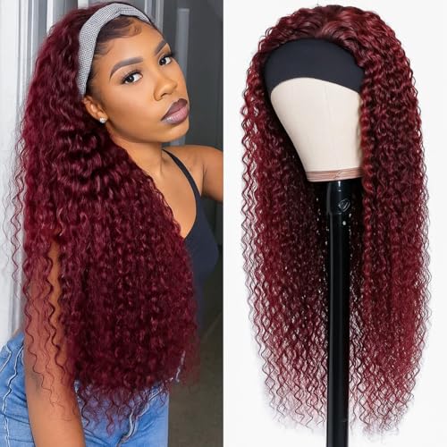Image of XSY Headband Wig Human Hair Deep Wave 99J Red Burgundy Human Hair Headband wigs for women Glueless None Lace Front Wig Machine Made 150% Density 22 Inch
