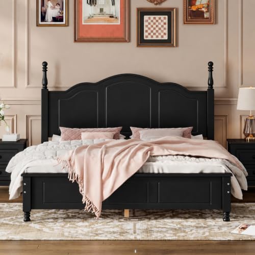 KT Rolster Vintage King Wood Bed Frame, Traditional Solid Wood Platform Bed with Retro Style Headboard, Traditional Town Style Beds for Boys Girls Kids Adults Toddle, Wooden Slat Support, Black