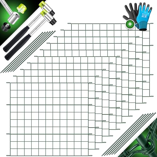 KESSER® Teichzaun Gartenzaun Steckzaun Komplettset Metall 10x Gerade Inkl. Handschuhe, 2x Hammer + 12 Befestigungsstäben, Zaun zum stecken für Garten, Gitterzaun Set Freigehege für Tiere