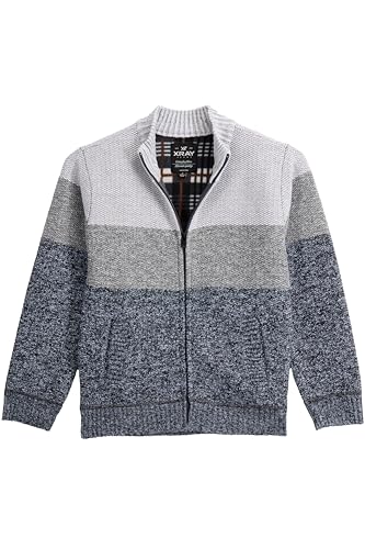 X RAY Boys (6-11) Full Zip Fleece Flannel Lining Sweater, Kids Mock Neck Knit Sweater for Spring, Fall and Winter
