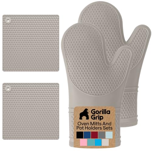 Image of GORILLA GRIP BPA-Free Soft Silicone Oven Mitts and Pot Holders Sets of 4, Heat Resistant Waterproof Cooking Gloves, Thick Cotton Lining, Flexible Gripping for Baking Grilling, Kitchen Trivets, Almond