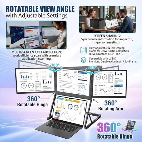 Image of Triple Aero 15.6 Pro Max 3 Screen Monitor with 1080p FHD IPS Display, Ideal for Presentations and Remote Work, with 360 Rotation Adjustable Viewing Angles