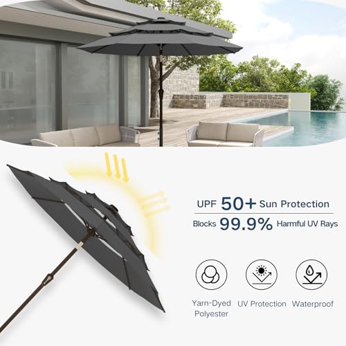 Patio Kingdom 10FT Patio Umbrella 3 Tiers Outdoor Market Umbrella w/Push Button Tilt, Crank, UV and Waterproof Table Umbrella for Garden, Pool, Backyard, Deck, Lawn, Grey by Patio Kingdom - Used condition - Image 6