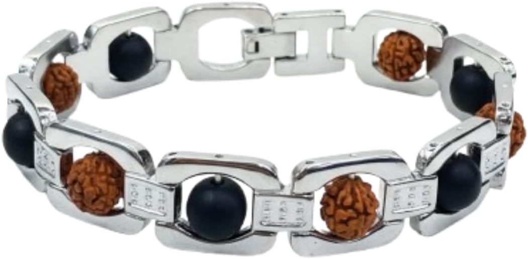 Arihant Gems & Jewels® 7.5″ Rudraksha, Original Karungali (Black Ebony) & 7 Chakra Bracelet For Men & Women, Certified 6 mm Karungali Beads With Lab Certificate, German 925 Sterling Silver & Stainless Steel Designer Kada, Spiritual Healing & Protection Bracelet (Rudraksha & Black Ebony Bracelet)