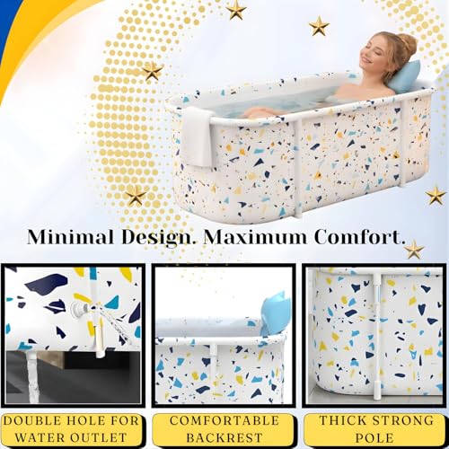 Image of Lexara Portable Folding Bathtub for Bathroom - Large Freestanding Soaking Tub with Thick Insulated, Ice & Hot Spa Tub, Collapsible Cold Plunge Therapy, Muscle Recovery Tub (Terrazzo Bathtub)