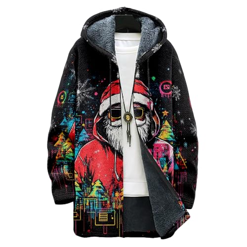 Christmas Print Long Cardigan Sweaters for Men Warm Sherpa Fleece Lined Long Sleeve Zip Up Graphic Hooded Jacket