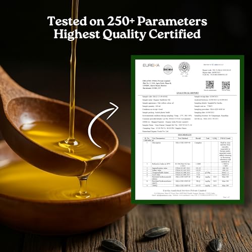 Image of Organic India Sunflower Oil, 1000ml | Lab Tested on 250+ Parameters | Certified Organic| Cold Pressed Oil with Natural Flavours and Aroma | Extracted from Organically Grown Sunflower Seeds