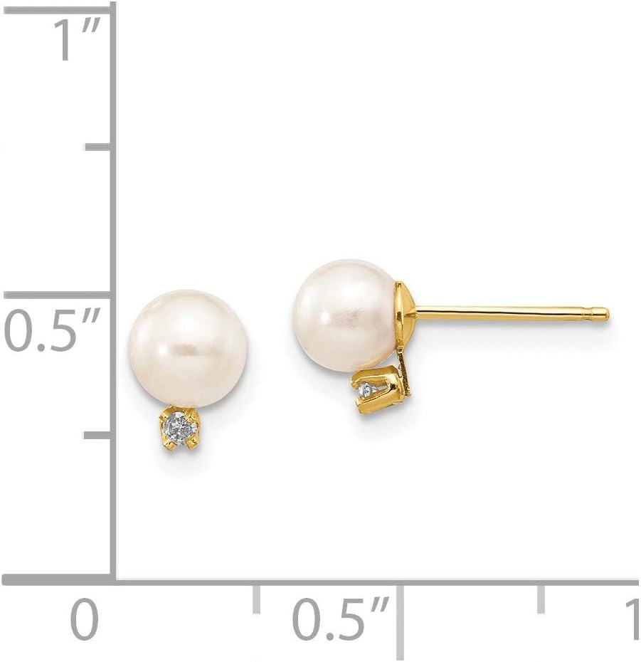 14k Yellow Gold White Round Shape Freshwater Cultured Pearl Diamond Post Earrings Fine Jewelry For Women Gifts For Her (5-6mm)