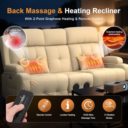 Image of Home Theater Seating, Power Loveseat Recliner Sofa with Massage & Heat, Wall Hugger Reclining Loveseat with USB, RV Couch with LED Lights, Flip Backrest, Cup Holders for Movie Theater & Gaming Room