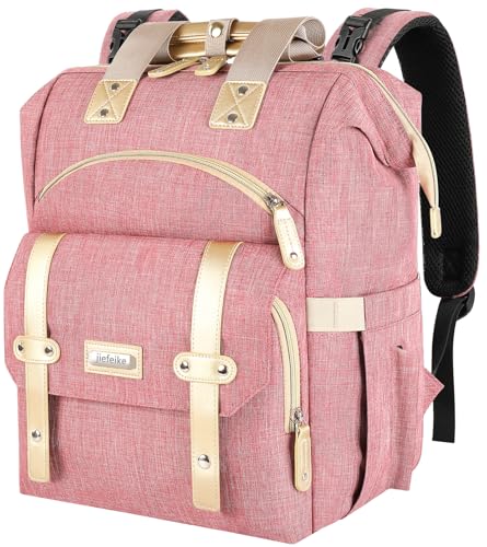 Image of Jiefeike Diaper Bag Backpack, Pink Baby Girls Diaper Bag for Mom, Travel Baby Bags Backpack for Women, Insulated Pockets Portable toddler diaper bag, RFID Anti-Theft Pocket