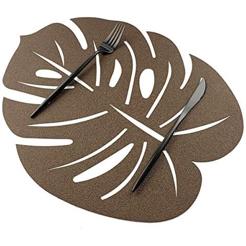 JASHII Pressed Vinyl Metallic Placemats Insulation Placemat Table Mats, PU Leather Stain Set of 6, Wedding Accent Centerpiece Leaf Shape (Brown) Cover