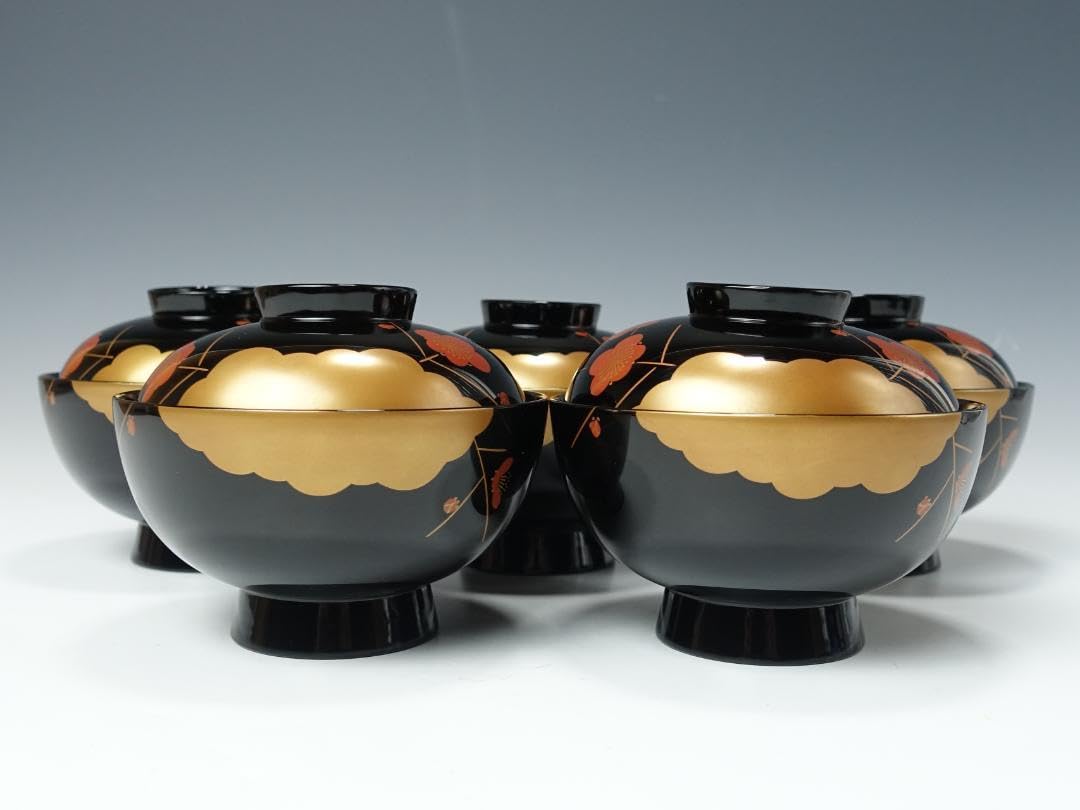 輪島塗 黒塗 梅花蒔絵 吸物椀 5客 共箱 天然木製漆塗 輪島塗 梅蒔絵 吸物椀 5客セット 蒔絵師信斎 塗師