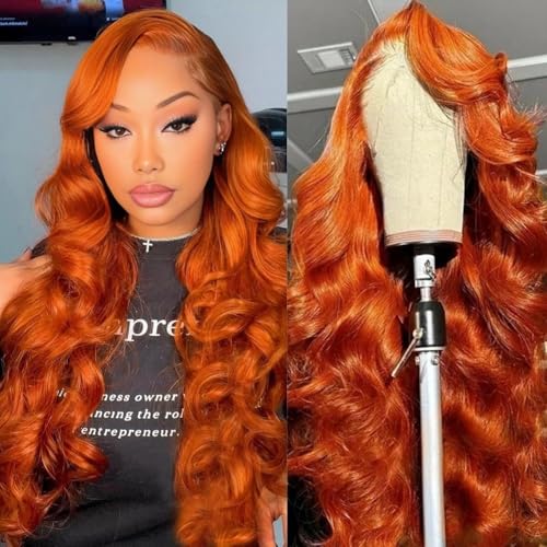 Image of Ginger Orange Lace Front Wigs Human Hair 28 Inch Colored Wig 13x4 HD Transparent Body Wave Lace Front Human Hair Wig 180 Density Pre Plucked Glueless Frontal Ginger Wigs for Women