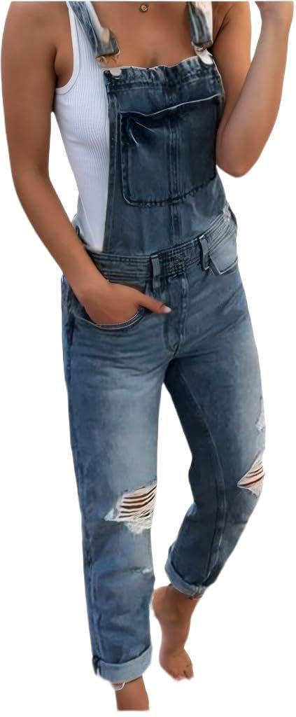 Zylphorix Women's Ripped Denim Bib Overalls Distressed Stretch Baggy Jumpsuits Adjustable Straps Pockets Jeans Pants (5X-Large,Dark Blue)