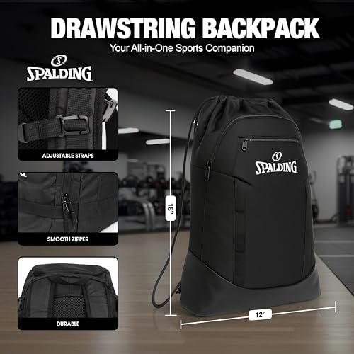Image of Spalding Basketball Sackpack Drawstring Sports Bag, Large Black Backpack fits Ball and Gym Sports Equipment, Gift for Basketball Players
