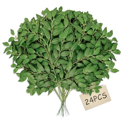 NKLTD Fake Leaves(24pack) Faux Greenery Stems Silk Greenery Artificial Tree Branches for Table Decor for centerpieces Italian Decorations Floral Arrangements etc Reusable.