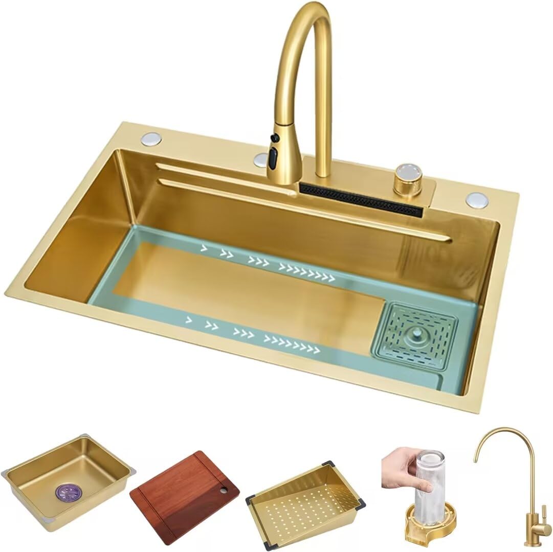 Aioneer Gold Workstation Stainless Steel Sink With Waterfall Water Tap Set Easy To Clean Sink With Cup Washer, Removable Basin, Cutting Board-68-45cm Gold