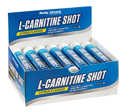 Body Attack- L-Carnitin Shot, Leckere 1000mg L-Carnitin in flüssiger Form, Patentiertes CarnipureTM Lonza, Extra Portion Vitamin C, Veganer Pre Workout Shot, Made in Germany- 20 x 25ml (Citrus)