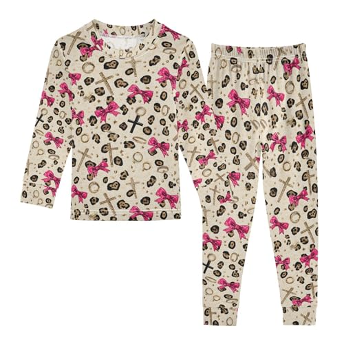 ALAZA Brown Leopard Print Bow Pajamas Long Sleeve Sleepwear 2-Piece Pajama Set