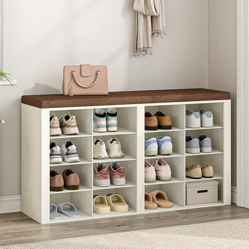 Hzuaneri Panca Scarpiera, Scarpiera con Sedile, 16 Scomparti, Organizzatore Portaoggetti, 30 x 104 x 59 cm, per Ingresso, Bianco Marrone SB25614KA