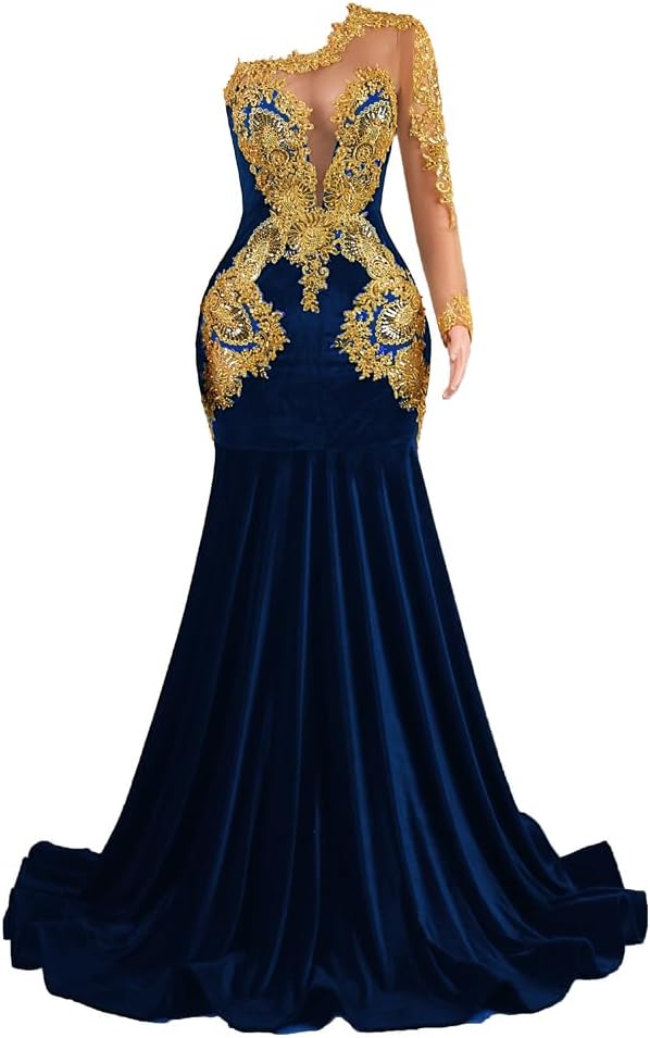 Engerla Mermaid Prom Dress Gold Applique Velvet One Sleeve Evening Dress Celebrity Party Gowns Church Train