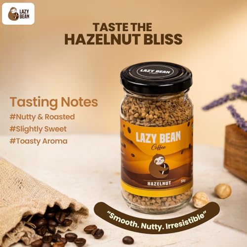 Image of Lazy Bean Hazelnut Flavoured - Premium Instant Coffee Powder 50 g | Strong Black Coffee, Rich Aroma, Quick-Dissolving Granules | Ready in Seconds for Hot or Iced Brews at Home, Office, Travel