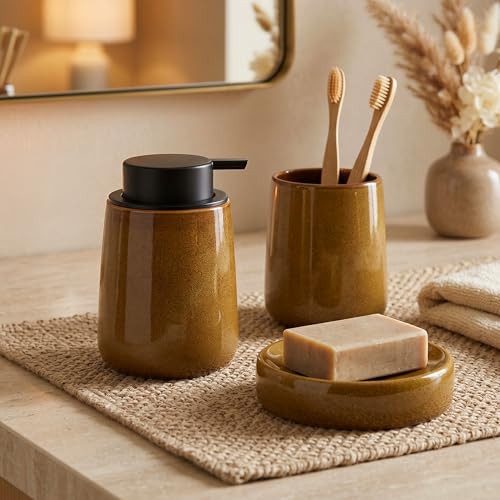 Image of Birch & Co. Premium Handwash Dispenser - Liquid Soap Dispenser for Wash Basin - Ceramic Soap Dispenser - 400 ml Soap Dispenser, Toothbrush Holder & Soap Dish, Modern Countertop Organizer,HoneyBrown