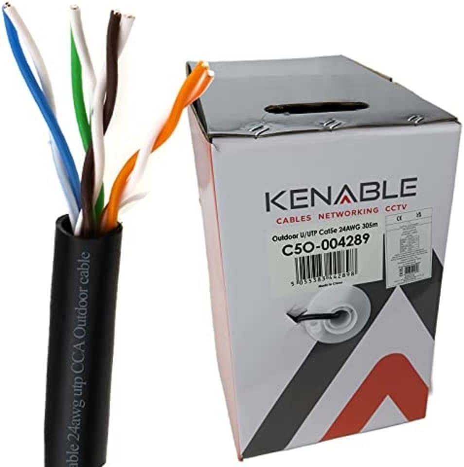 kenable External CAT5e Outdoor Ethernet Network Cable Reel Solid UTP CCA UV Resistant Waterproof 305m Black