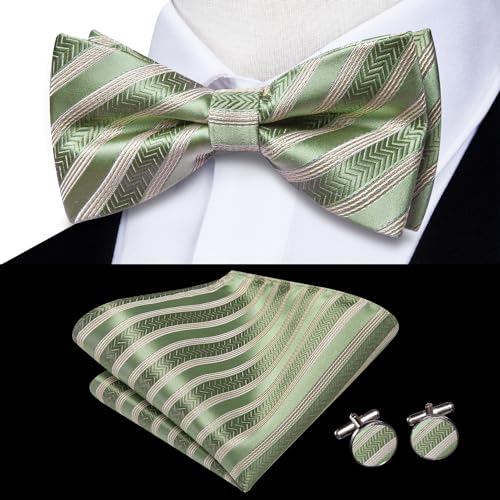 Image of Hi-Tie Sage Green Pre-Tied Bowties for Men Silk Clip On Stripe Mens Bowtie Pocket Square Cufflinks Set for Wedding Party