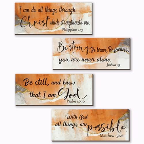 ZONWUTHY 4 Pcs Burnt Orange Bathroom Decor Christian Wall Art Abstract Bible Verse Wall Decor Rustic Inspirational Wood Bathroom Accessories For Bedroom Kitchen Office(10 x 4 Inches Orange)