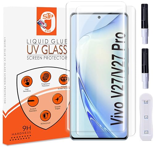 Image of STP FEEL (2 Pack UV Tempered Glass Screen Protector For Vivo V27 (6.78 Inch) Full Adhesive UV Glue Curved Edge to Edge Case Friendly HD Clarity with easy installation kit