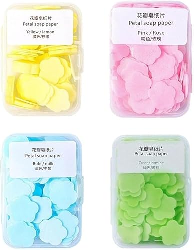 4 Boxes Paper Soap, 4 Different Scented Mini Fresh Portable Disposable Petal Hand Wash Sheets, Dissolvable Hand Bath Soap, Suitable for Outdoor, Travel, Camping (Approx 400 Sheets)