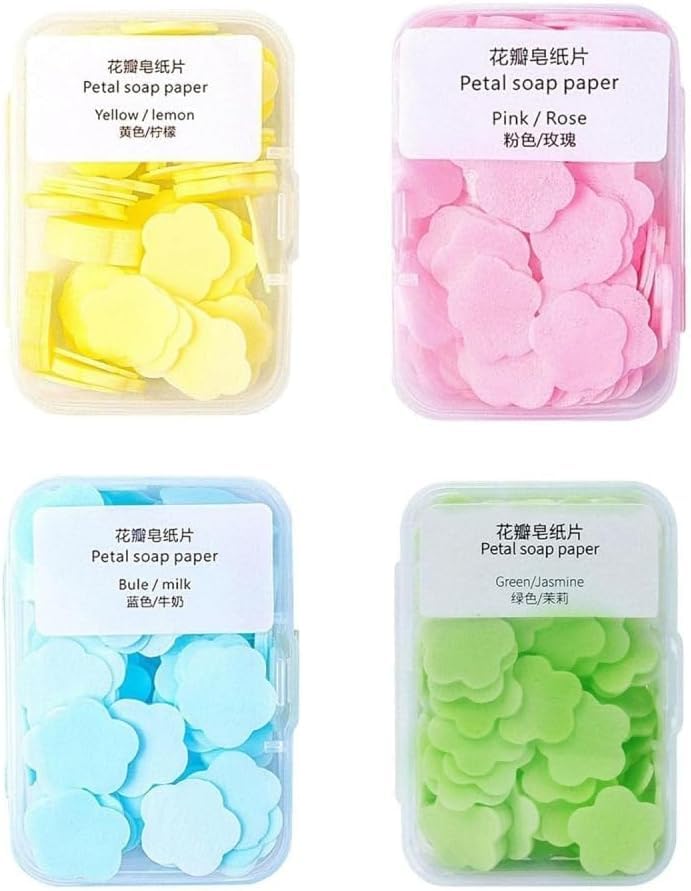 4 Boxes Paper Soap, 4 Different Scented Mini Fresh Portable Disposable Petal Hand Wash Sheets, Dissolvable Hand Bath Soap, Suitable for Outdoor, Travel, Camping (Approx 400 Sheets)