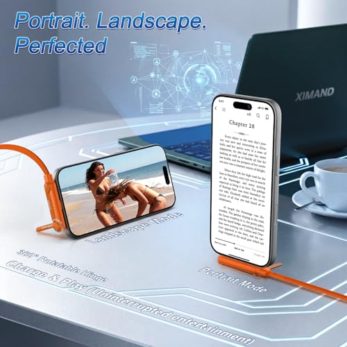 Image of Invisible Holder Charger Cable, 240W USB C to Lightning Cable 1.5M /4.9FT Braided Fast Charging Cord, 90 degree Connector & 360 Adjustable Stand for iphone, Gaming, Home, Office, Orange, 1 PACK
