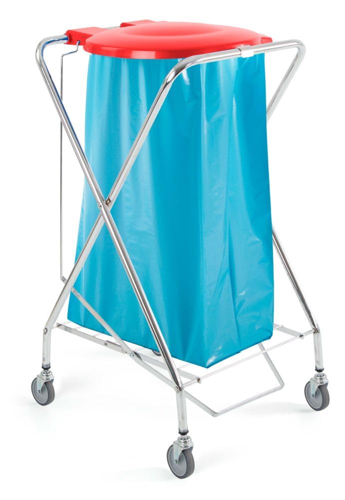 Carrello portasacco a "X" cromato con attacco rotondo 120 lt, elastico, coperchio in plastica, set pedale e ruote piroettanti ø 80 mm