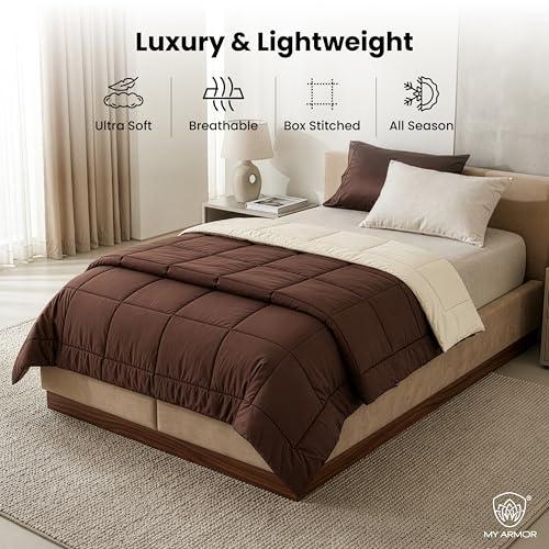 Image of MY ARMOR 220 GSM Reversible Comforter for Single Bed | Microfiber Quilt /Duvet /Blanket for AC & Winter | Soft, Lightweight & Breathable Comforter (60 x 90 Inch, Brown & Cream)