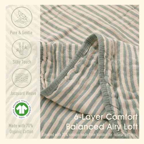 Image of Ultra Soft Muslin Baby Blanket - Made with Organic Cotton, Gender Neutral Sage Green Striped Jacquard, Swaddle & Crib Quilt, 43x43 Inches (Sage Green Stripes)