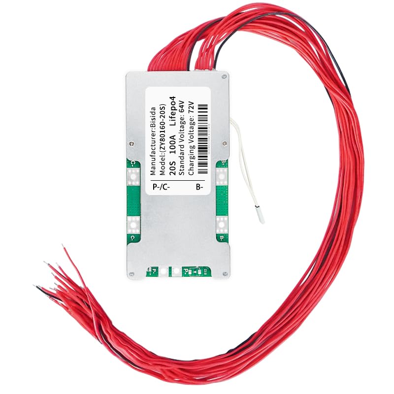 20S BMS 64V 100A LiFePO4 PCB Protection Board with Balancer Line and NTC, Shared Connection, Ten Protection Functions, Lithium Iron Phosphate Battery Management System, LiFePO4 BMS