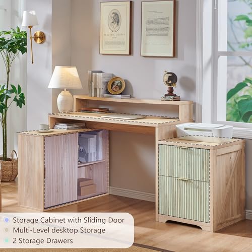 Image of 67 inch Modern Desk with Cabinet & 2 Drawers, Office Desk Built‑in Outlet | luted Computer Writing Desk, storage cabinet with sliding doors, Oak