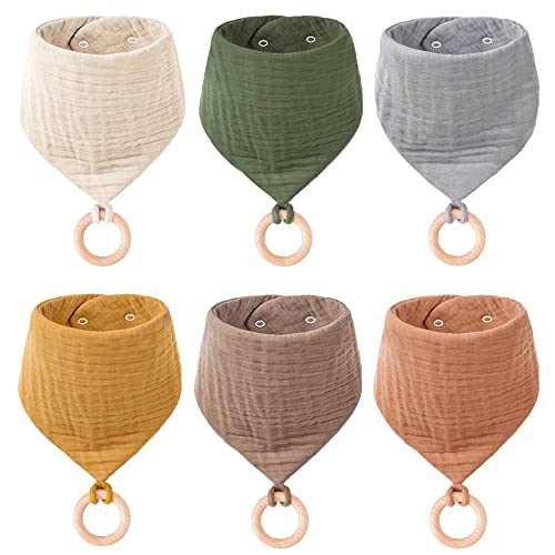 Image of Konssy Muslin Baby Bibs 6 Pack Baby Teething Bibs Bandana Drool Bibs 100% Cotton for Unisex Boys Girls, 6 Solid Colors Set for Teething and Drooling