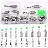 Swpeet 86 Pieces 9 Sizes 5g-35g Fishing Weights Bullet Lead Sinker Rolling Swivel with Interlock Snap Connector Inline and Green Fluorescent Fishing Beads Perfect for Freshwater Saltwater
