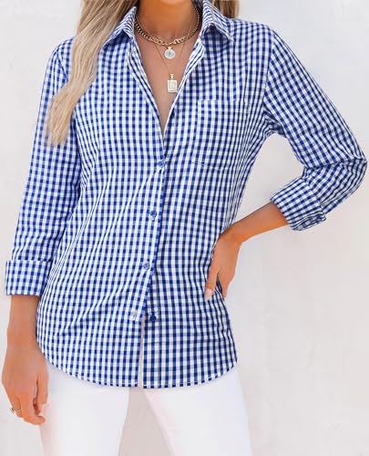 siliteelon Button Down Shirts for Women Gingham Top Plaid Long Sleeve Dress Shirts Cotton Fitted Casual Work Collared Blouse4