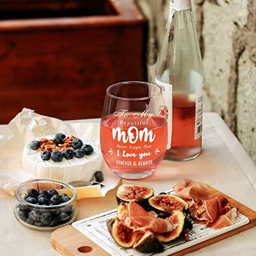 Futtumy Gifts For Mom, To My Beautiful Mom Stemless Wine Glass 17Oz, Mom Wine Glass For Mothers Day Christmas Birthday, Mothers Day Gifts For Mom From Daughter Son #TOP1