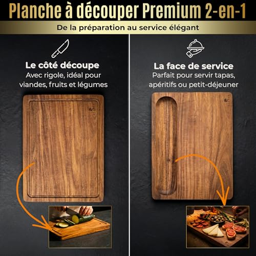 Planche à découper en bois d'acacia 40x30x3cm avec rigole à jus et poignées