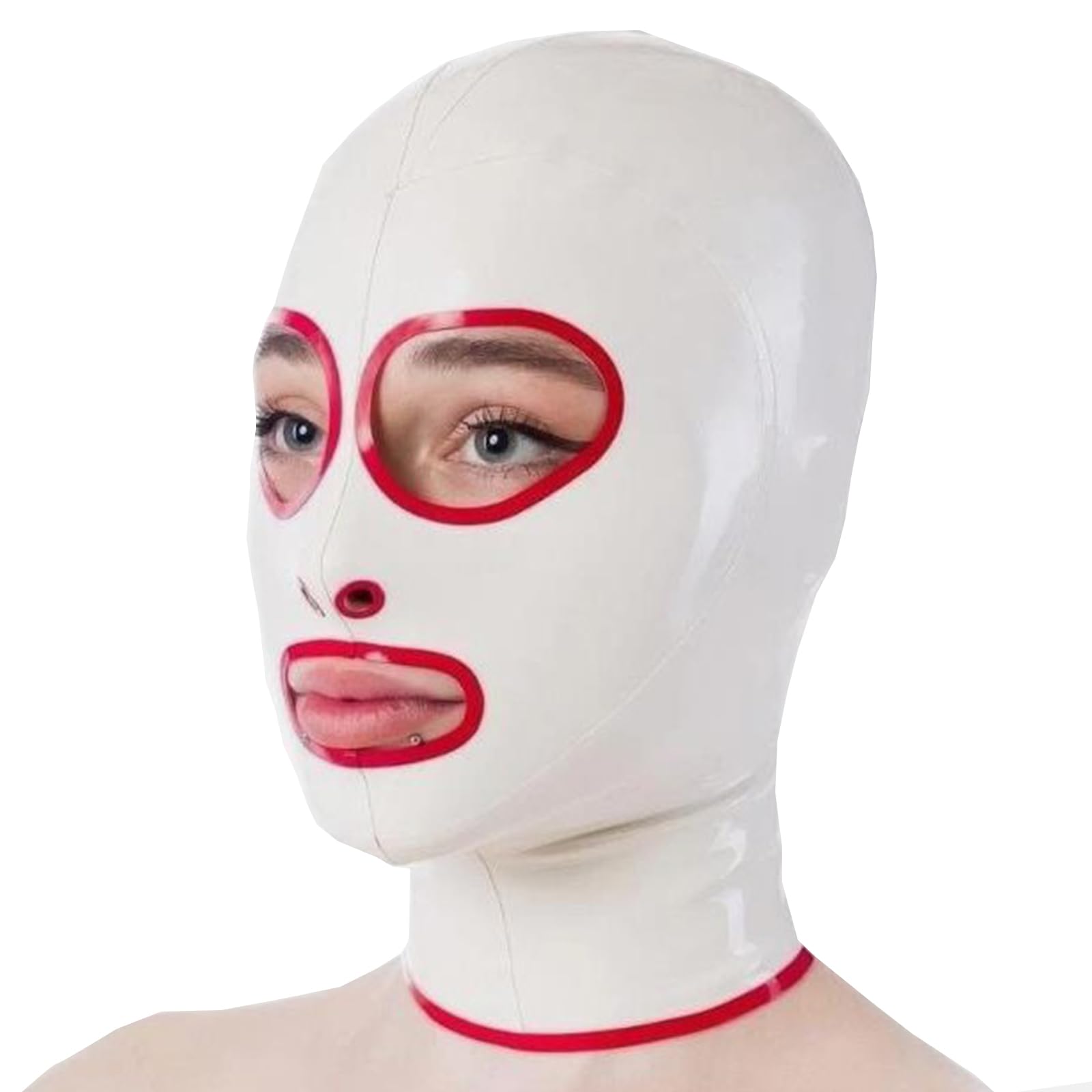 PRLBESL Latex Hood Mask White BDSM Hood Mask Back Zipper for Party Club Wear Unisex Halloween Exposed Eyes and Mouth(Size:S-63CM)